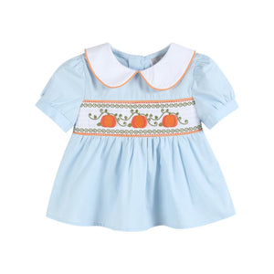 Light Blue Pumpkin Vine Smocked Dress and Bloomers