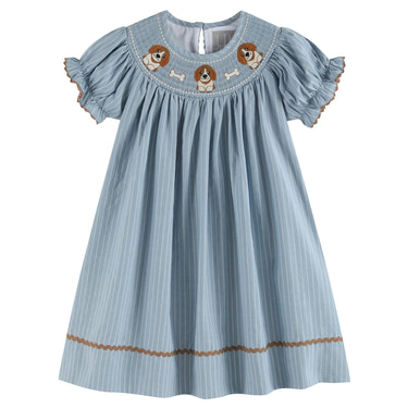 Light Blue Puppy Smocked Bishop Dress - MOOGCO Baby