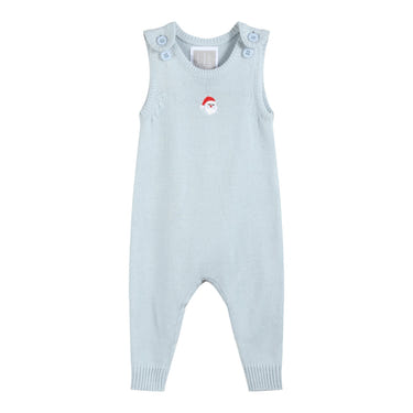 Light blue Santa knit romper for babies, perfect for festive occasions and cozy winter wear.