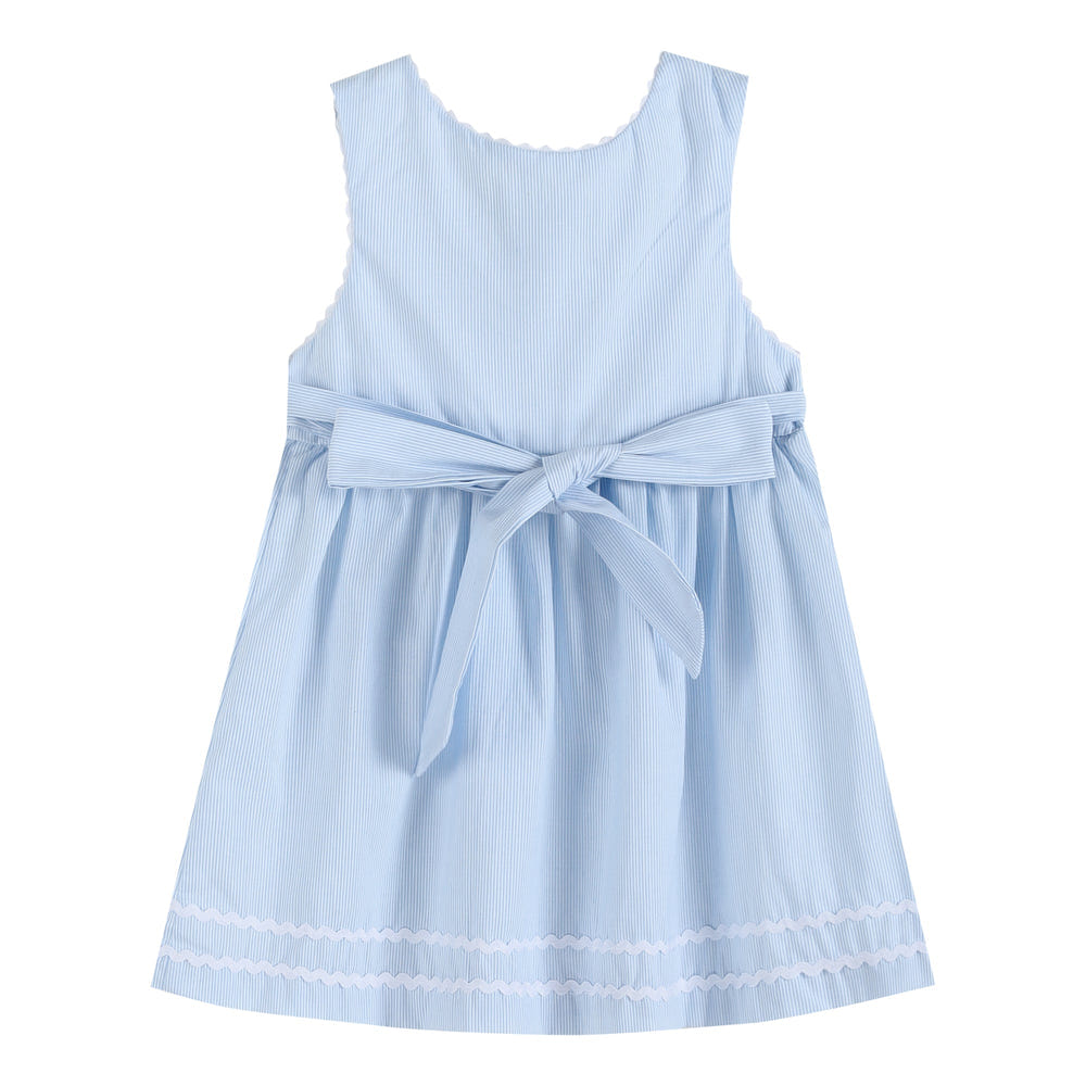 Light blue seersucker A-line dress for babies, perfect for warm weather and special occasions.