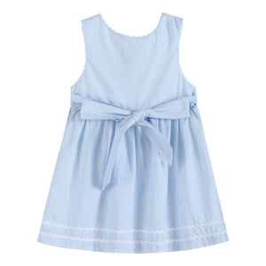 Light blue seersucker A-line dress for babies, showcasing a stylish angle view. Perfect for warm weather occasions.