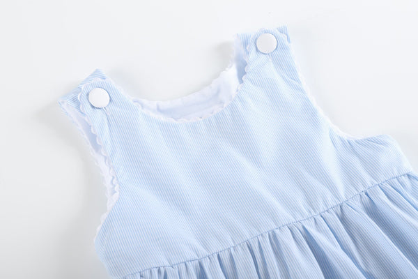 Light blue seersucker A-line dress for babies, shown at angle 3, perfect for summer outings and special occasions.