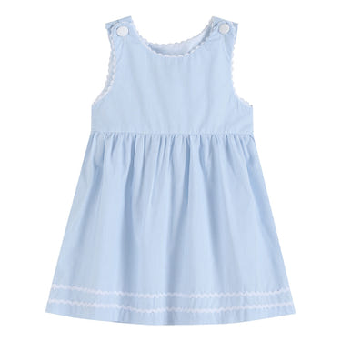 Light blue seersucker A-line dress for babies, perfect for warm weather and special occasions.