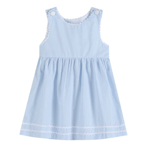 Light blue seersucker A-line dress for babies, perfect for warm weather and special occasions.