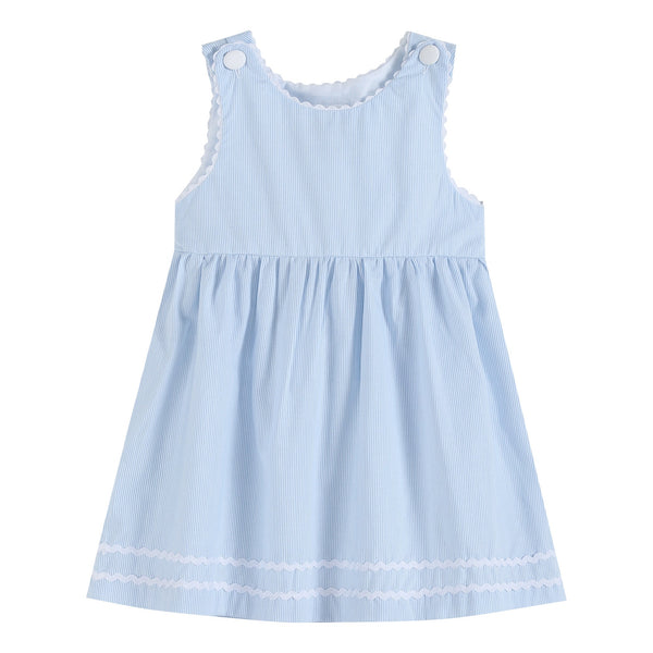Light blue seersucker A-line dress for babies, perfect for warm weather and special occasions.