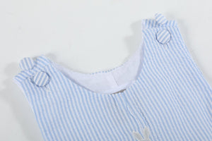 Light blue seersucker Easter bunny overalls for babies, stylish shortall, angle view 6. Perfect for spring celebrations.