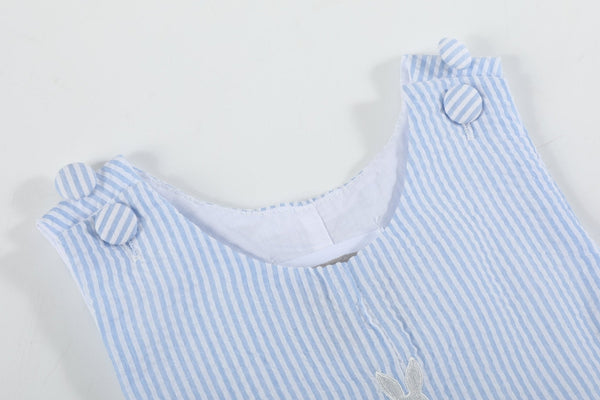 Light blue seersucker Easter bunny overalls for babies, stylish shortall, angle view 6. Perfect for spring celebrations.