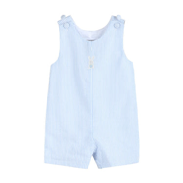 Light blue seersucker Easter bunny overalls for babies, perfect for spring celebrations and festive occasions.