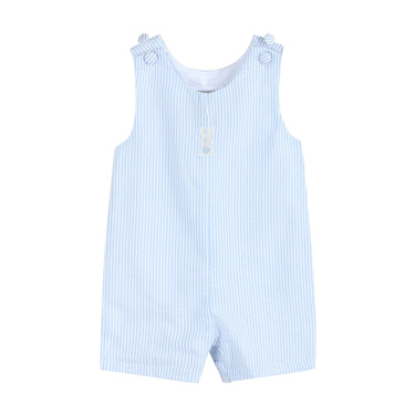 Light blue seersucker Easter bunny overalls for babies, perfect for spring celebrations and festive occasions.
