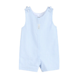Light blue seersucker Easter bunny overalls for babies, perfect for spring celebrations and festive occasions.