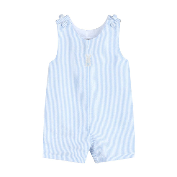 Light blue seersucker Easter bunny overalls for babies, perfect for spring celebrations and festive occasions.