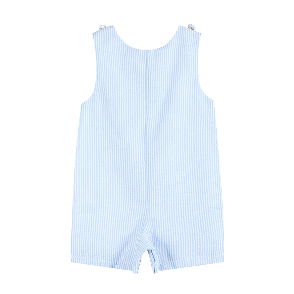 Light blue seersucker Easter bunny overalls for babies, perfect for spring celebrations and festive occasions.