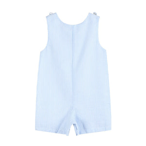 Light blue seersucker Easter bunny overalls for babies, angle view showcasing cute design and playful style.