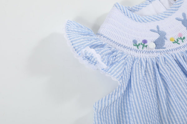 Light Blue Seersucker Easter Bunny Smocked Bishop Dress