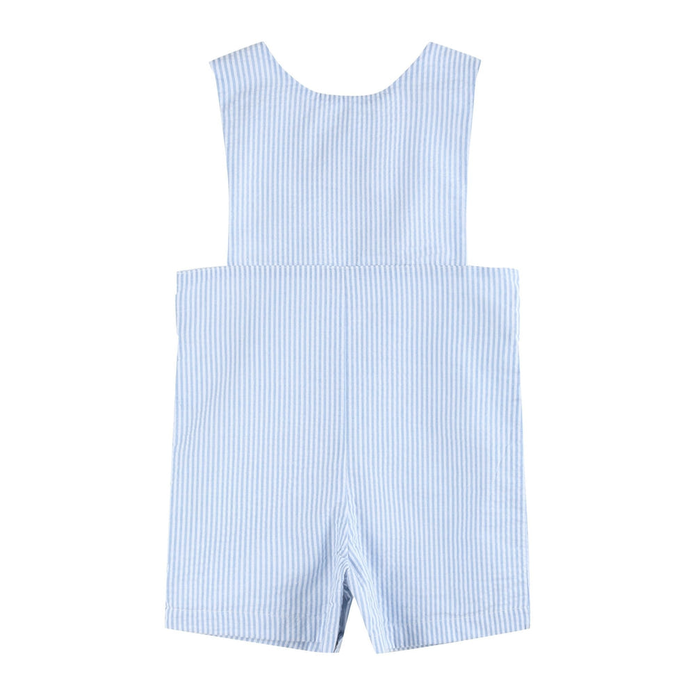 Light blue seersucker smocked Jon Jons for baby boys, perfect for little brothers.