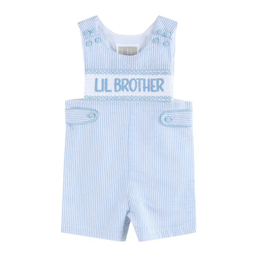 Light blue seersucker smocked Jon Jons for baby boys, perfect for little brothers.