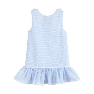 Light Blue Seersucker Pom Pom Bunny Swing Dress