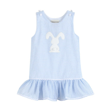 Light blue seersucker pom pom bunny swing dress for babies, perfect for spring and summer outings.