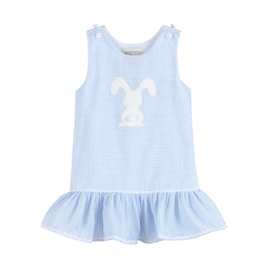 Light Blue Seersucker Pom Pom Bunny Swing Dress