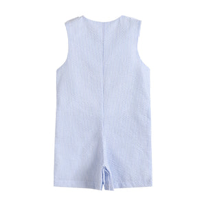 Light Blue Stripe Turtle Appliqué Shortalls