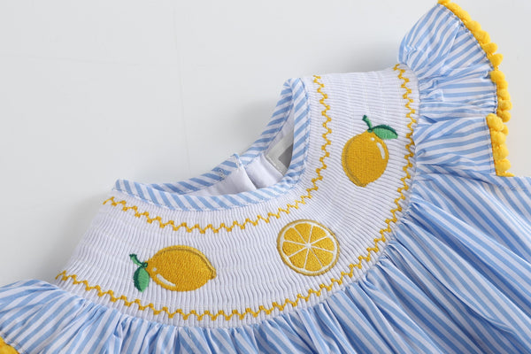 Light Blue Striped Lemons Smocked Ruffle Romper