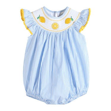 Light blue striped lemons smocked ruffle romper for babies, perfect for summer outings and playtime.