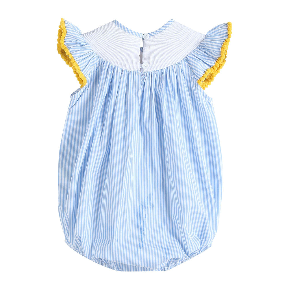 Light blue striped lemons smocked ruffle romper for babies, perfect for summer outings and playtime.