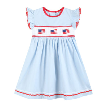 Light blue USA flag smocked dress for babies, perfect for patriotic occasions and summer outings.
