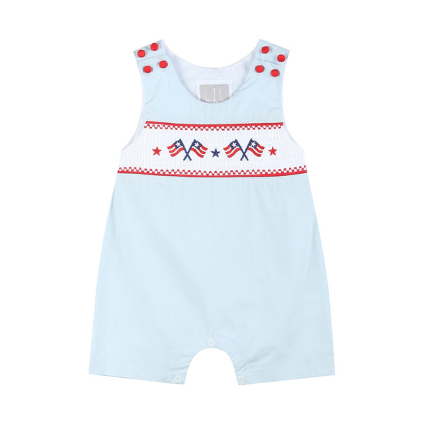 Light Blue USA Flag Smocked Shortalls