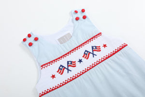 Light Blue USA Flag Smocked Shortalls