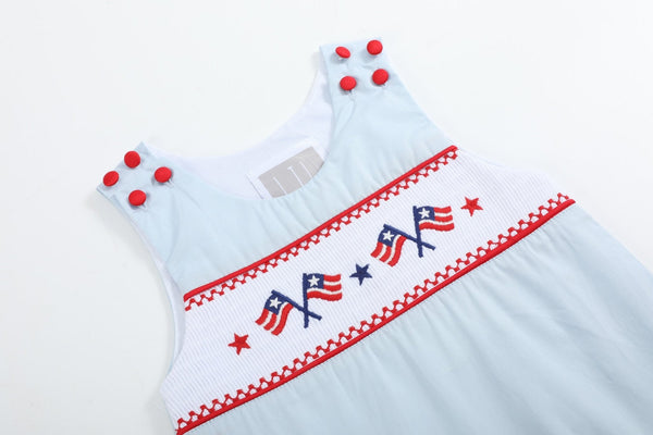 Light Blue USA Flag Smocked Shortalls