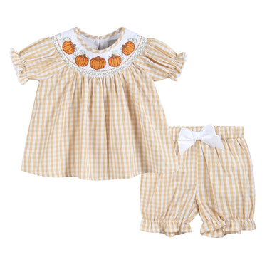 Light Brown Gingham Pumpkin Vine Dress and Bloomer Set