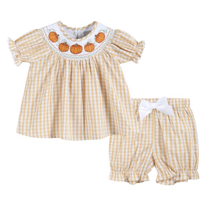 Light Brown Gingham Pumpkin Vine Dress and Bloomer Set