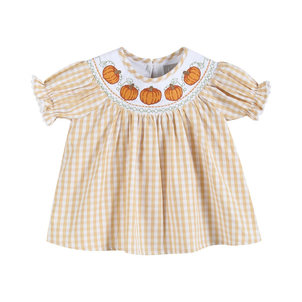 Light Brown Gingham Pumpkin Vine Dress and Bloomer Set