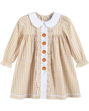 Light Brown Gingham Pumpkin Vine Ruffle Dress