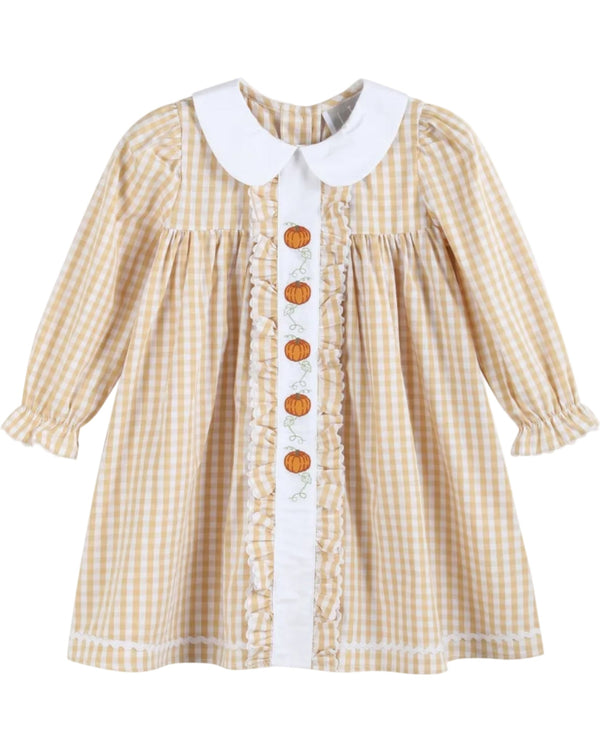 Light Brown Gingham Pumpkin Vine Ruffle Dress