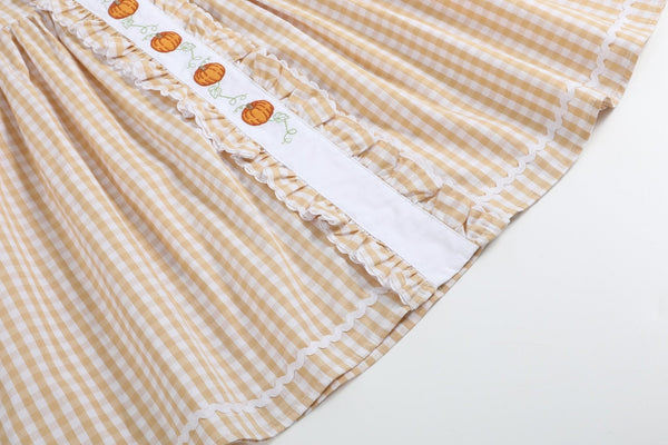 Light Brown Gingham Pumpkin Vine Ruffle Dress