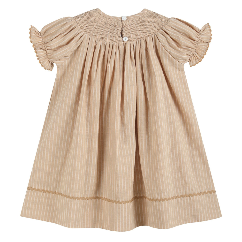 Light Brown Pinstripe Pumpkin Smocked Bishop Dress