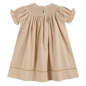 Light Brown Pinstripe Pumpkin Smocked Bishop Dress