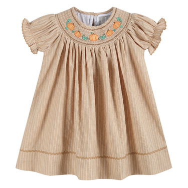 Light Brown Pinstripe Pumpkin Smocked Bishop Dress