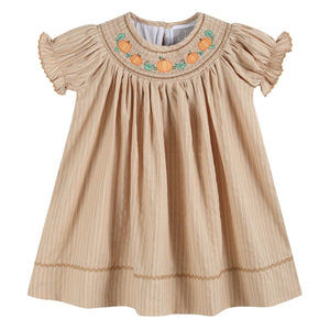 Light Brown Pinstripe Pumpkin Smocked Bishop Dress