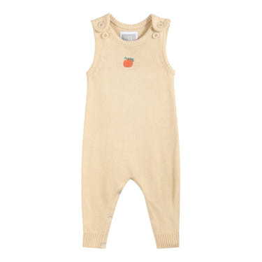 Light brown pumpkin knit romper for babies, cozy and stylish for fall outfits.