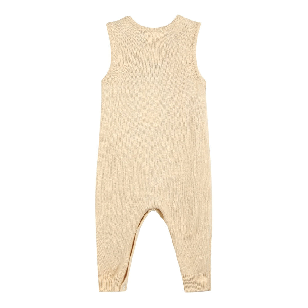 Light brown pumpkin knit romper for babies, cozy and stylish for fall outfits.