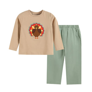 Light Brown Turkey Shirt and Sage Green Pants Set - MOOGCO Baby