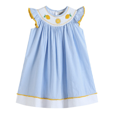 Light Blue Striped Lemons Smocked Bishop Dress