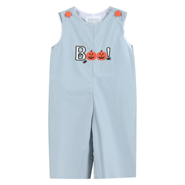 Light gray 'Boo' applique overalls for babies, perfect for stylish outings and diaper bag essentials.