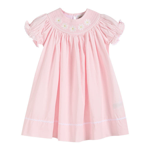 Light pink daisy smocked bishop dress for babies, perfect for special occasions and everyday wear.