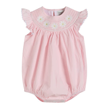 Light pink daisy smocked ruffle romper for babies, perfect for stylish summer outings.