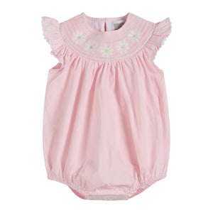 Light pink daisy smocked ruffle romper for babies, perfect for stylish summer outings.