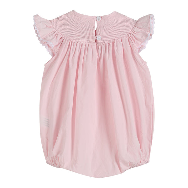 Light pink daisy smocked ruffle romper for babies, shown from angle 2, perfect for stylish summer outfits.